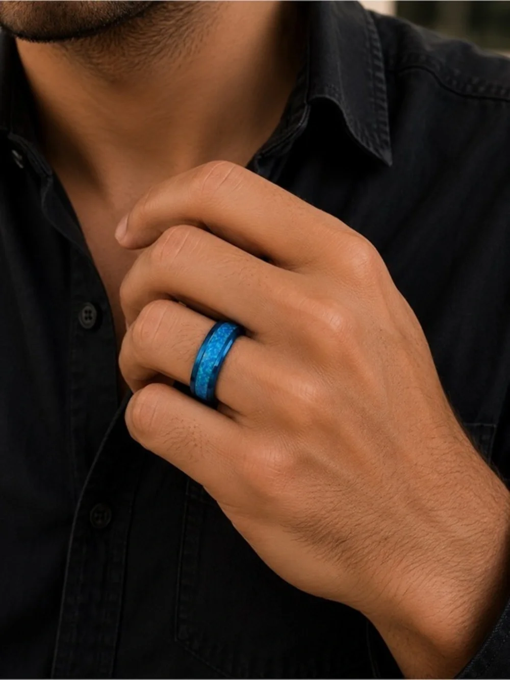8mm Blue Green Opal Tungsten Ring Wedding Band